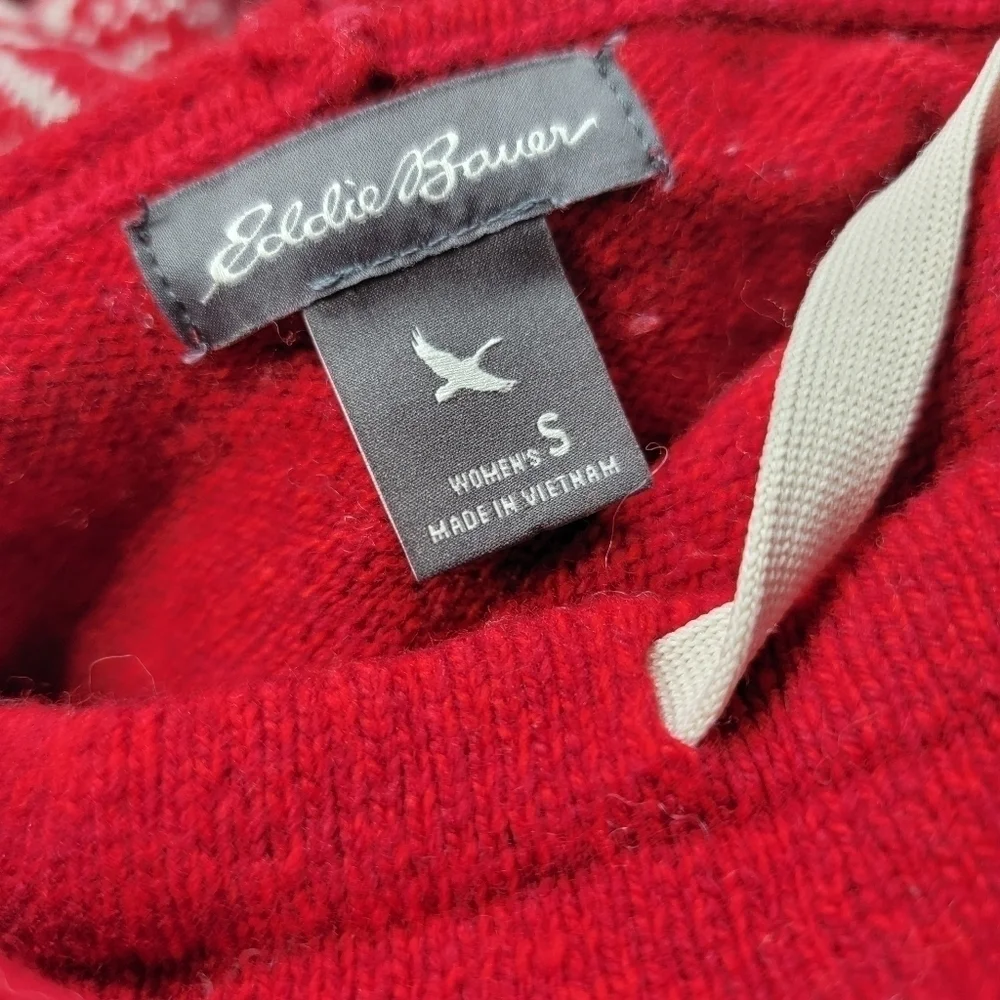 ✨️CL Eddie Bauer Soft Red Cowl Drawstring Neck Festive Winter Print Sweater Sz S